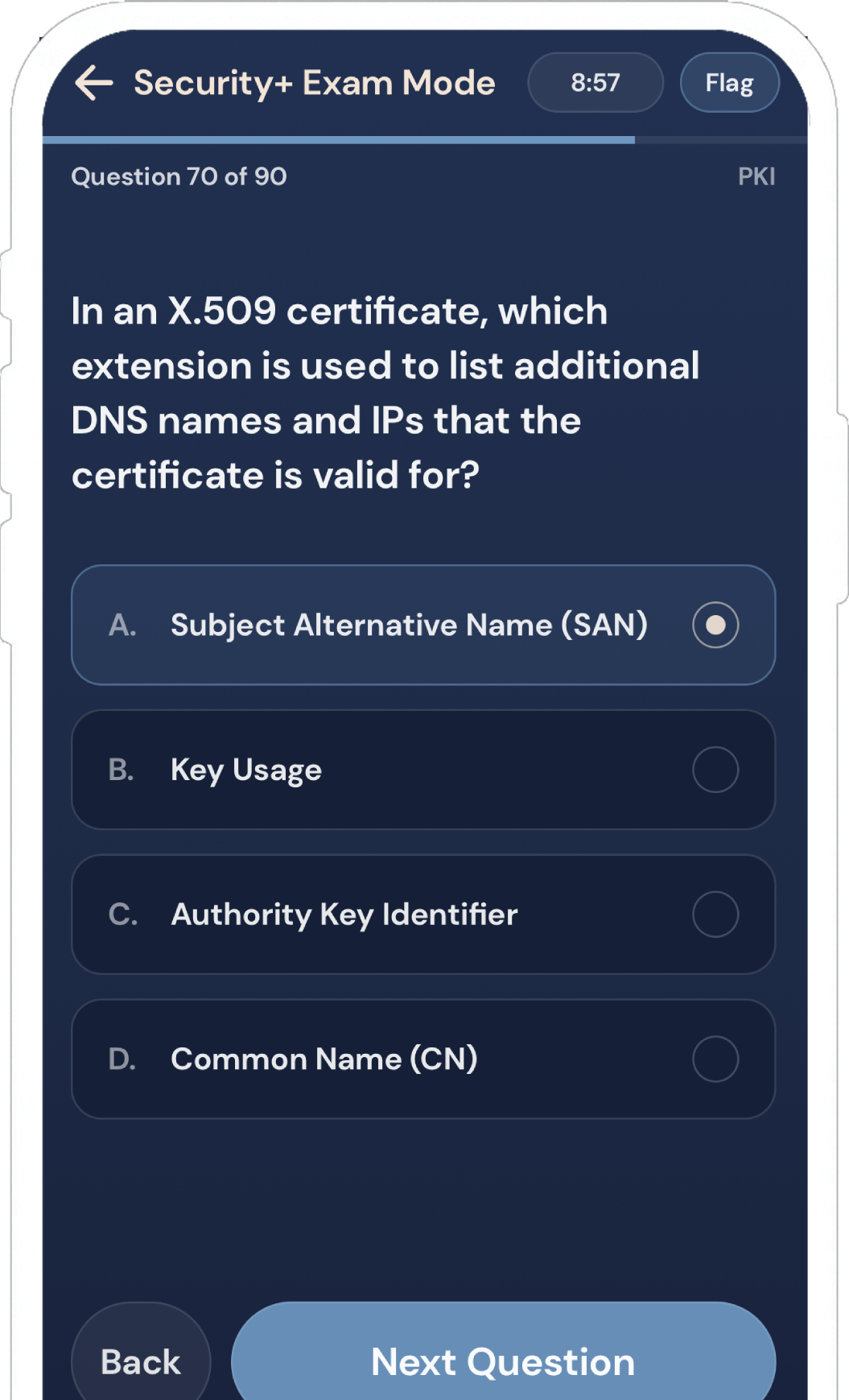 Security+ timed exam screenshot